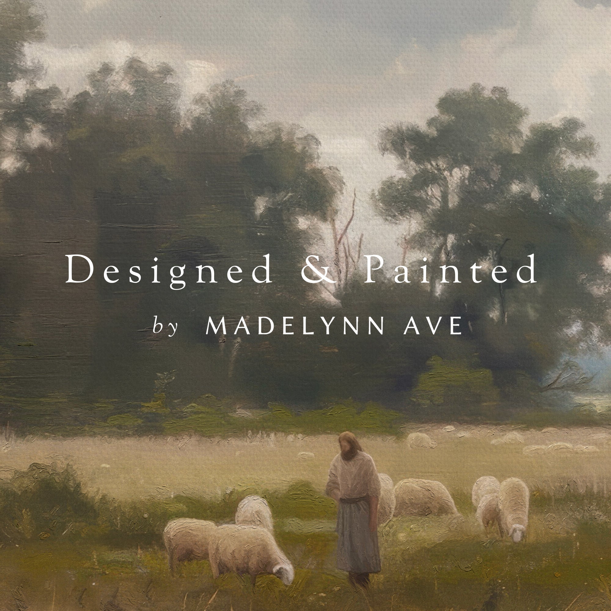 Painting of a shepherd with sheep in a pastoral scene, credited to Madelynn Ave.