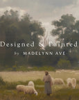 painting of a shepherd with sheep in a pastoral scene, credited to madelynn ave.
