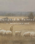 shepherd with sheep in a field, overlaid with 'designed & painted by madelynn ave' text.