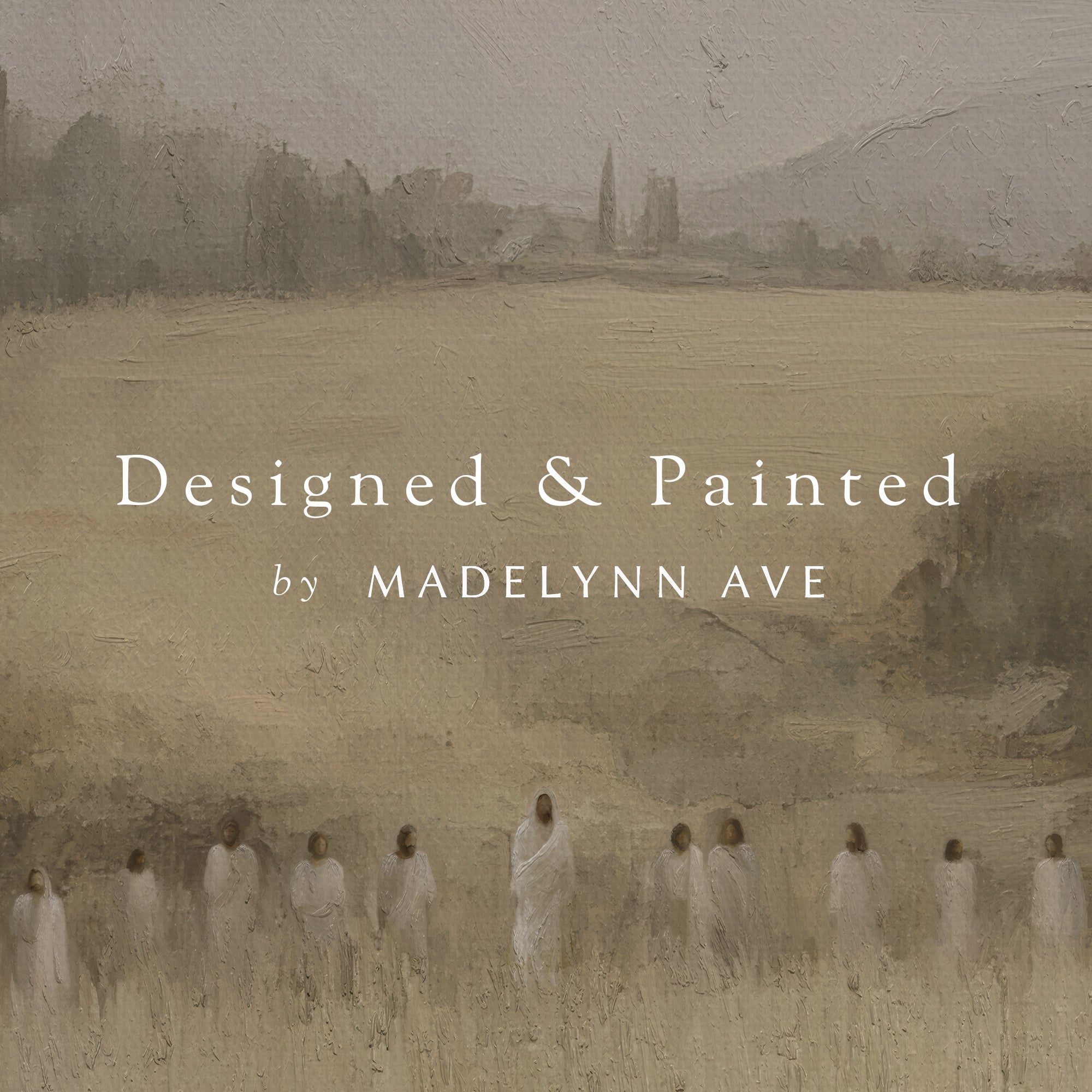 Painting of people in a field with text 'Designed &amp; Painted by Madelynn Ave' overlay.