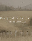 painting of people in a field with text 'designed & painted by madelynn ave' overlay.