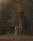 An oil painting depicting Jesus in a long white robe standing in front of a large tree in a forest, rendered in muted earthy tones of green, brown, and beige.