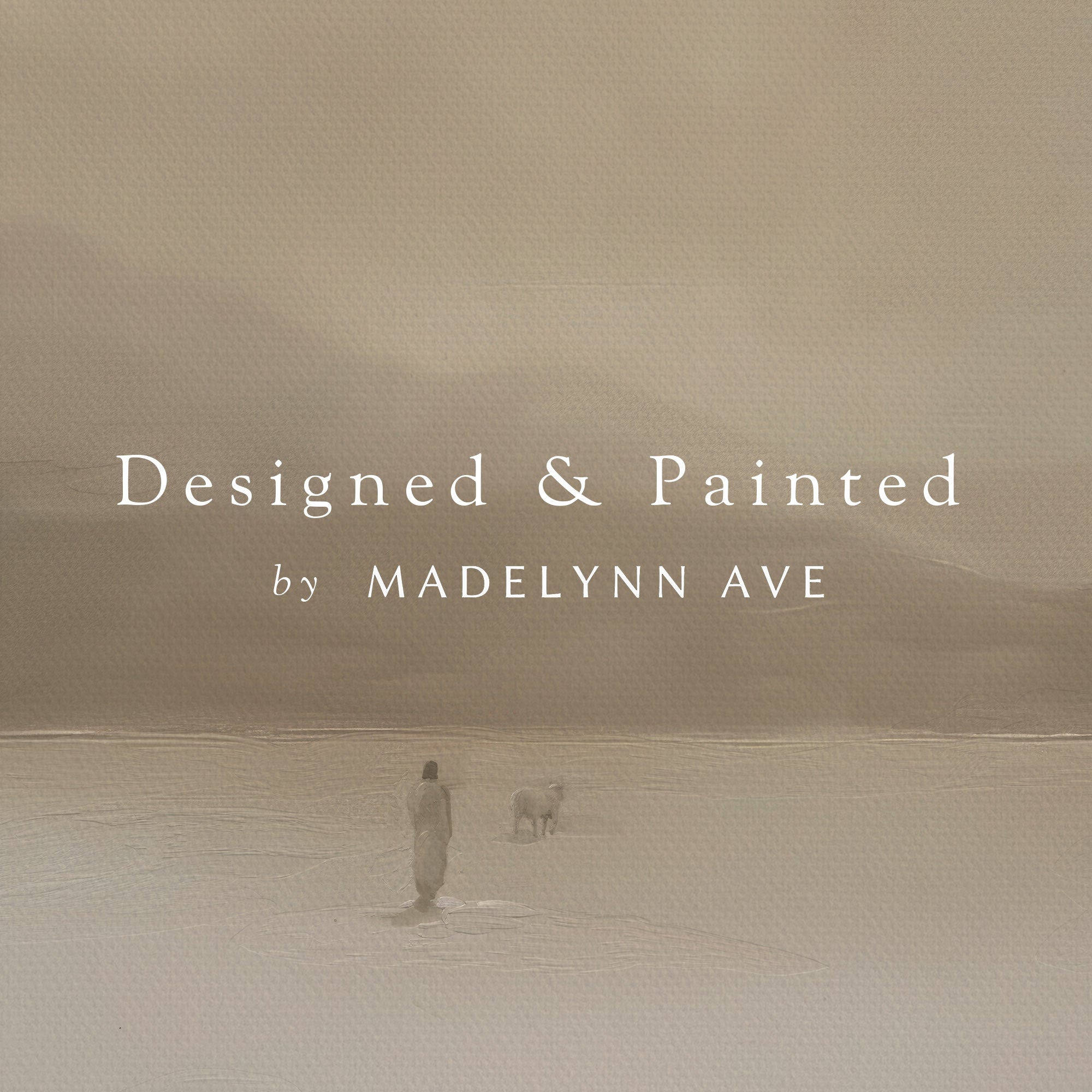 Two people walking with a dog on a sandy landscape, with 'Designed &amp; Painted by Madelynn Ave' text overlay.