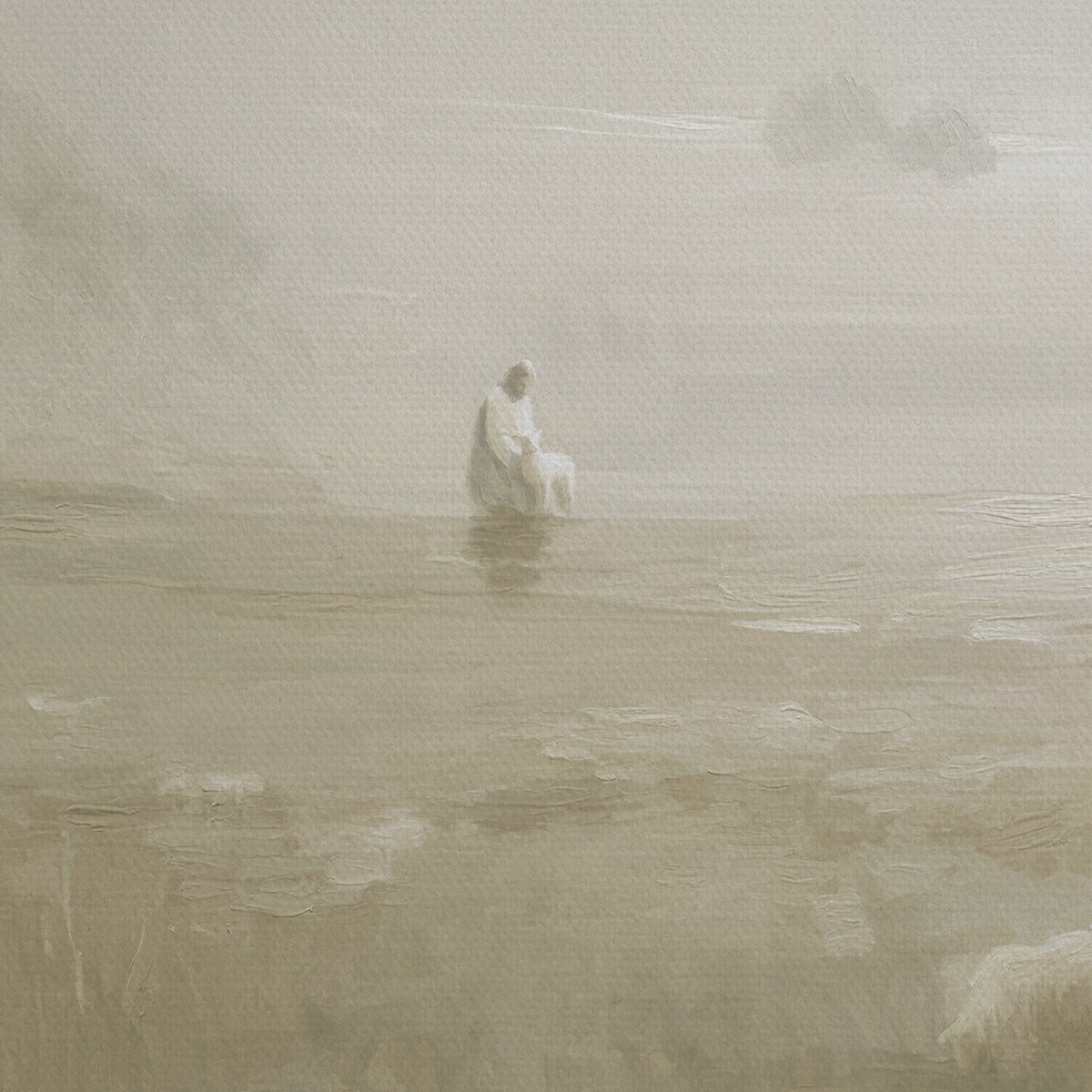 Figure sitting on a bench in a misty landscape