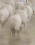 sheep walking together on a misty path