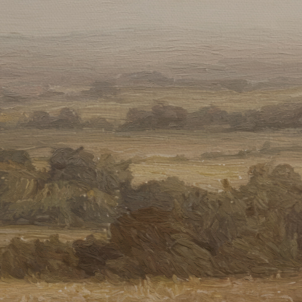 Painting of a landscape with trees and fields in muted earth tones