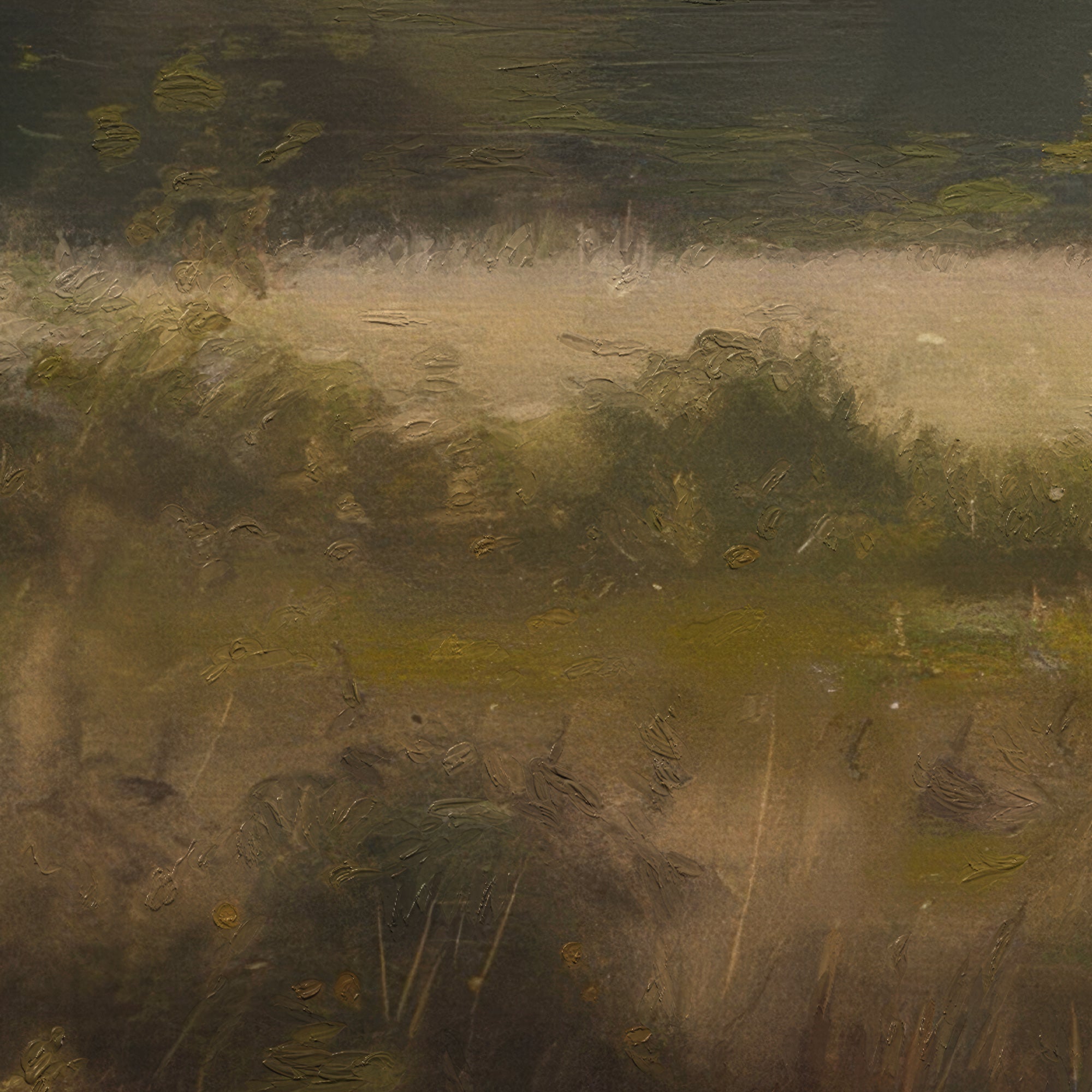 Abstract painting with textured brushstrokes in green and brown tones