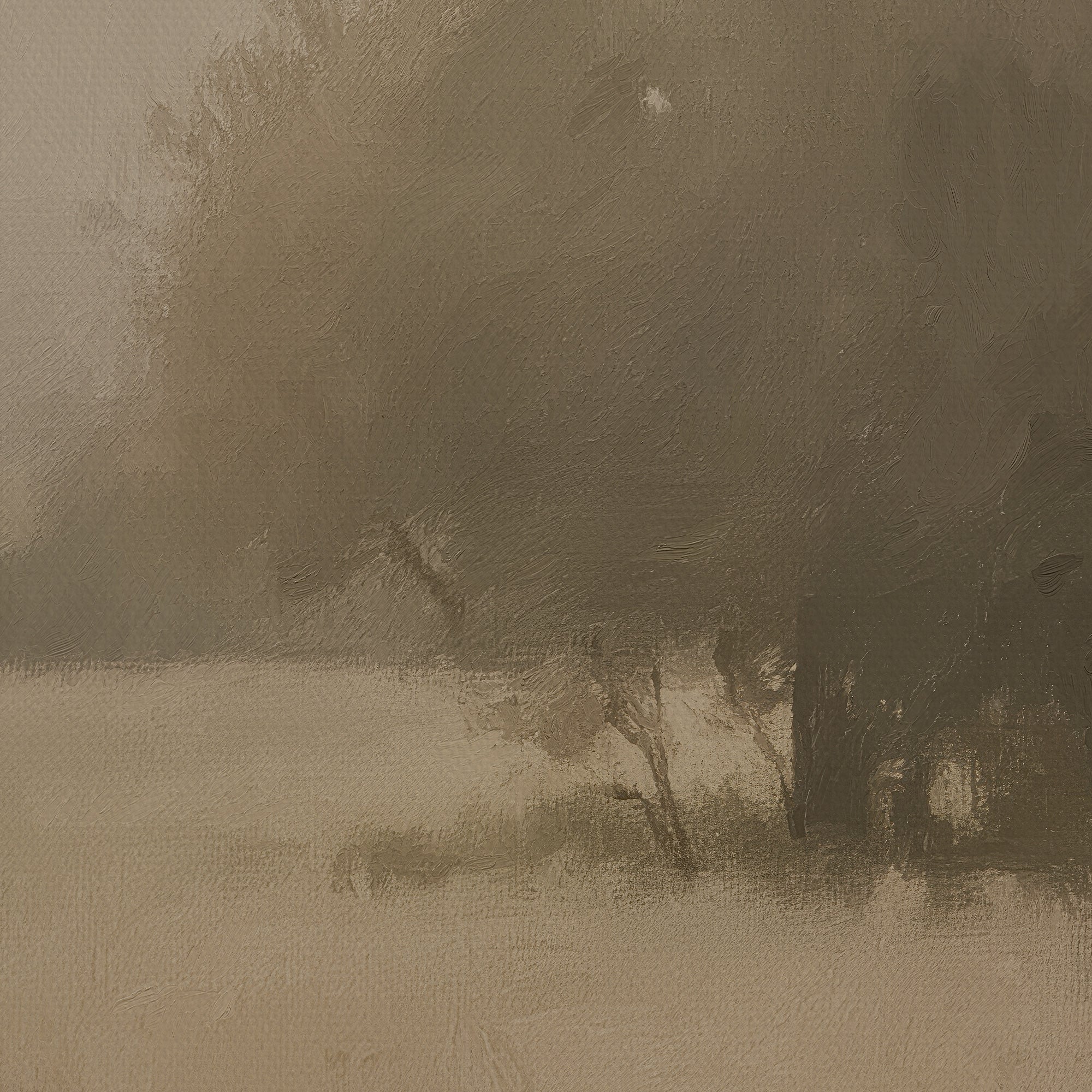 Misty landscape with trees and a path in sepia tones