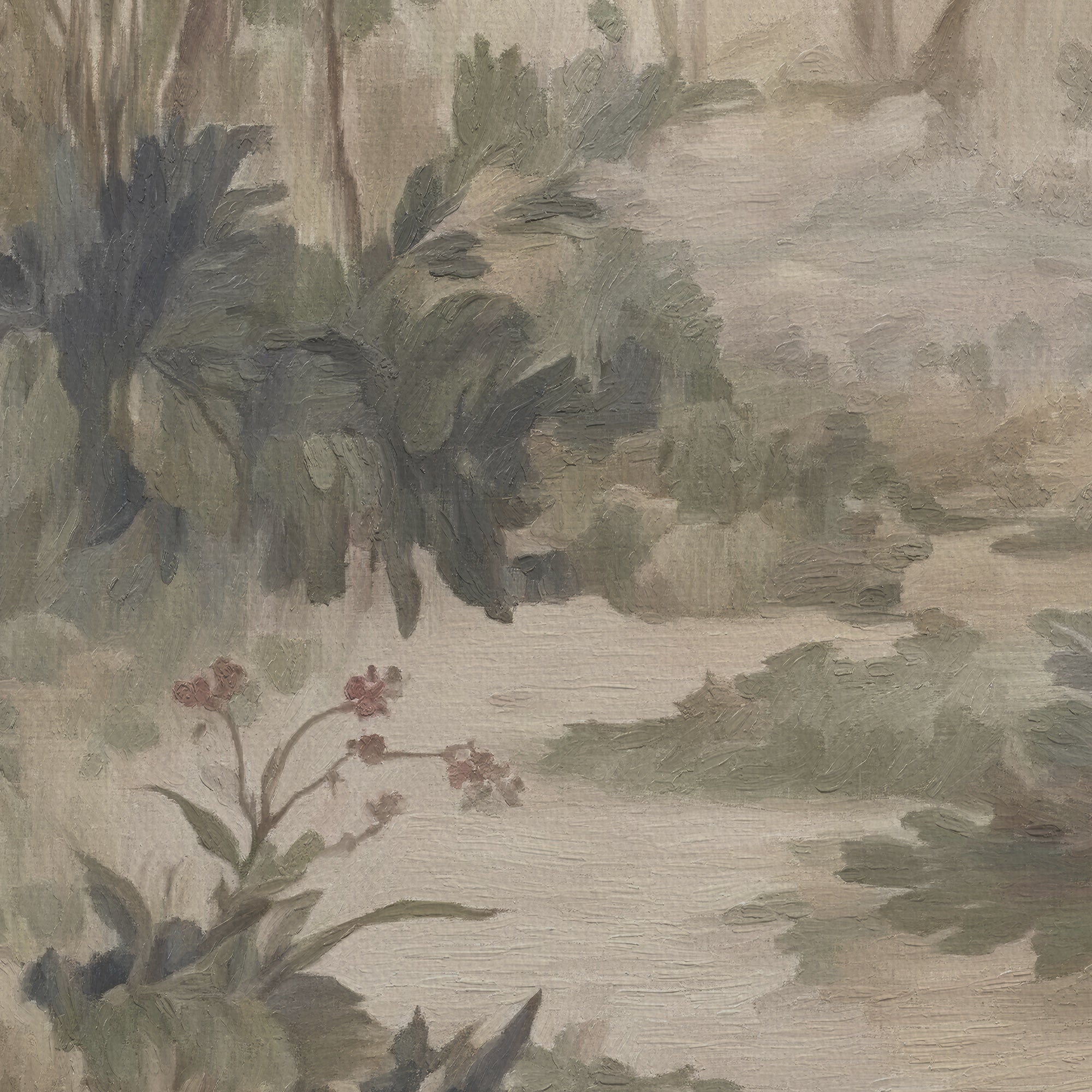 Nature-themed wallpaper with green foliage and a river