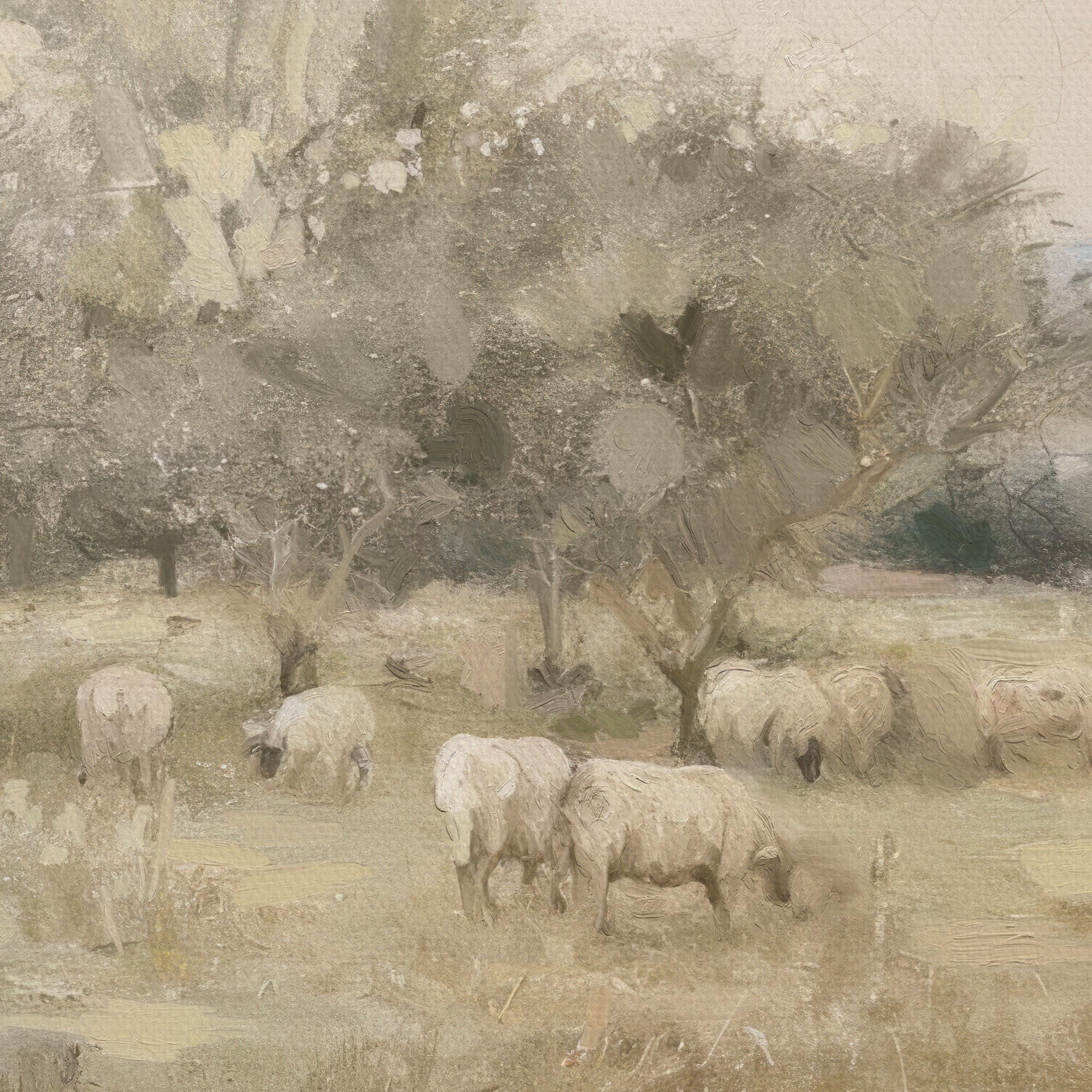 Sheep grazing in a misty landscape with trees