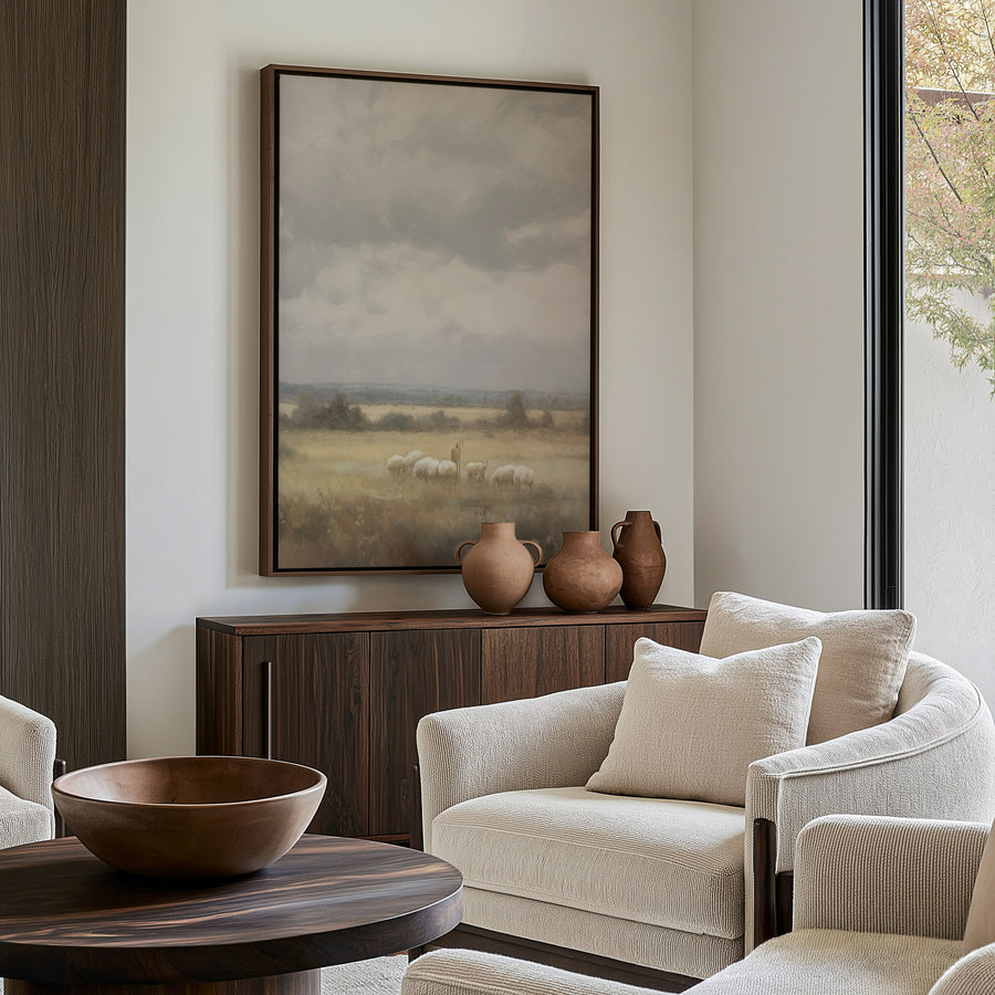 Shown in a floater Walnut frame in size 30x40