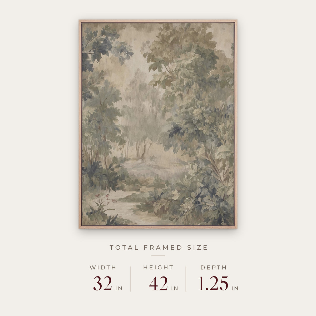 Eden in a light oak floater frame with its total framed size listed below: 32 inches wide, 42 inches high, and 1.25 inches deep. #Oak #30x40