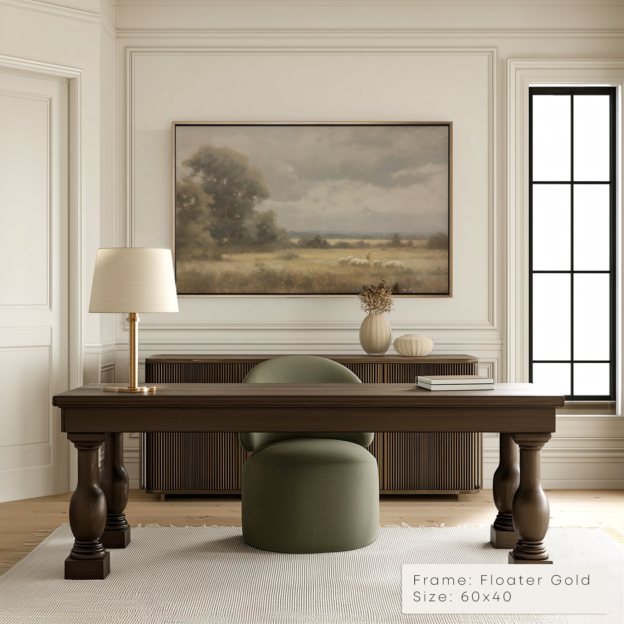 Modern office interior with a wooden desk, green chair, and framed landscape painting on the wall.