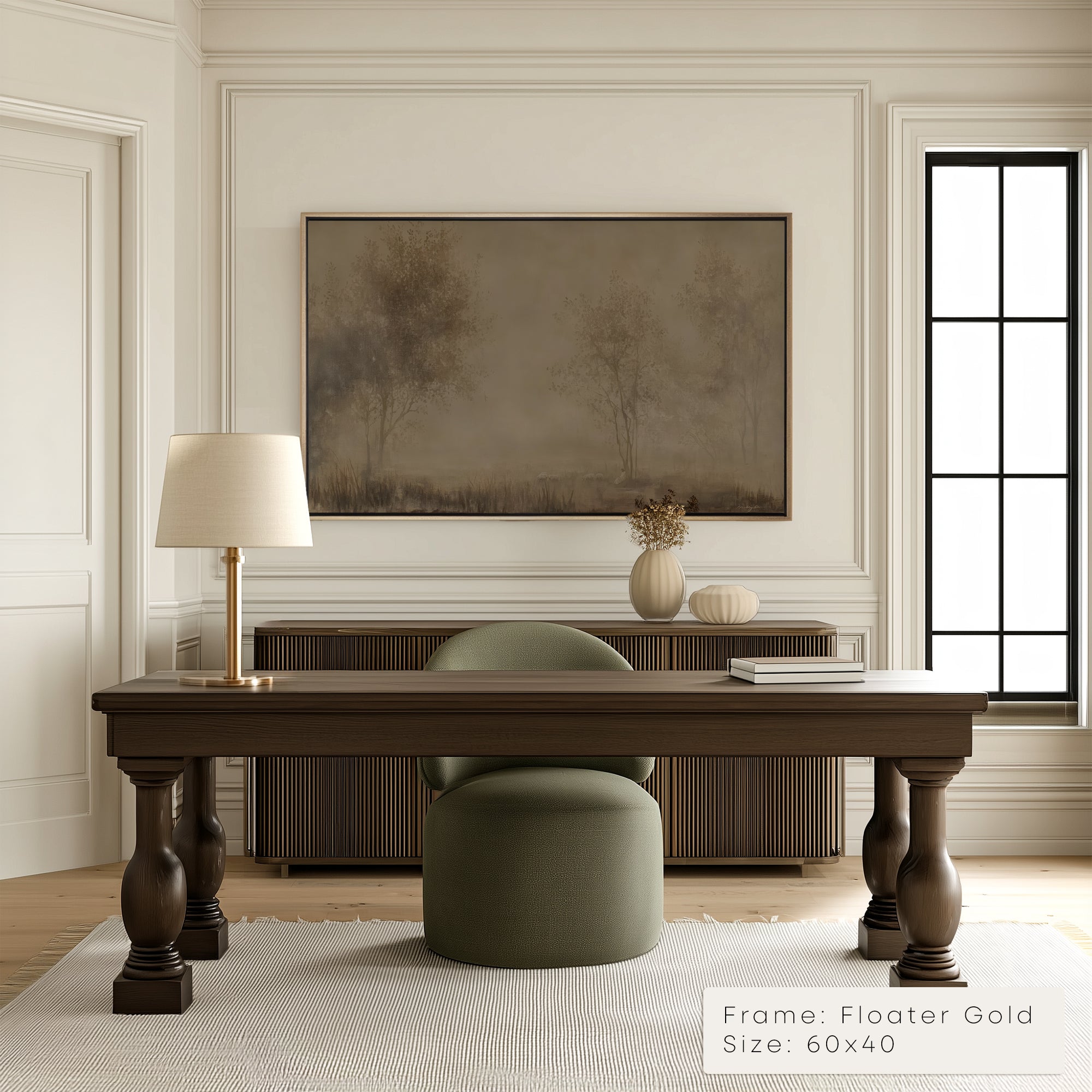 Modern office interior with a wooden desk, chair, and framed artwork on the wall.