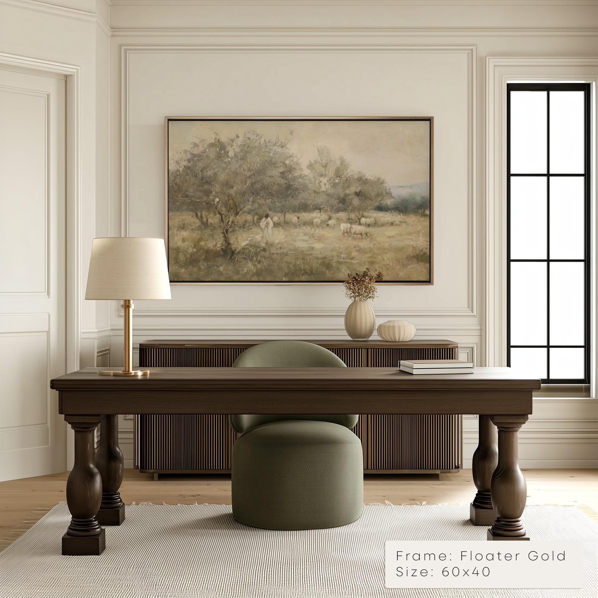 Decorative painting of a landscape with trees and sheep on a wall above a wooden desk.