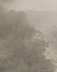 close-up detail of forgotten road showing a dark stand of trees dissolving into pale fog, in soft grays and warm stone tones.