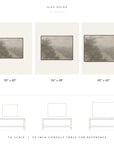 size guide showing forgotten road framed in three sizes, labeled 30" x 40", 36" x 48", and 40" x 60", drawn to scale, with each size outlined above a 79-inch console table for reference.