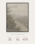 forgotten road in a black floater frame with its total framed size listed below: 32 inches wide, 42 inches high, and 0.75 inches deep. 
