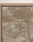 a close-up of framed wall art showing a sketch-style tree and branch design in warm taupe and beige tones, bordered by a light natural wood frame against a white wall.