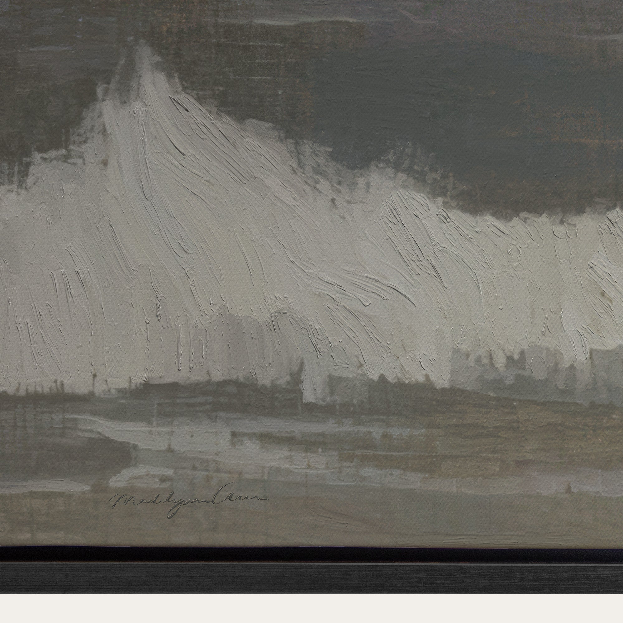 Abstract painting with textured brushstrokes in gray and black tones. 
