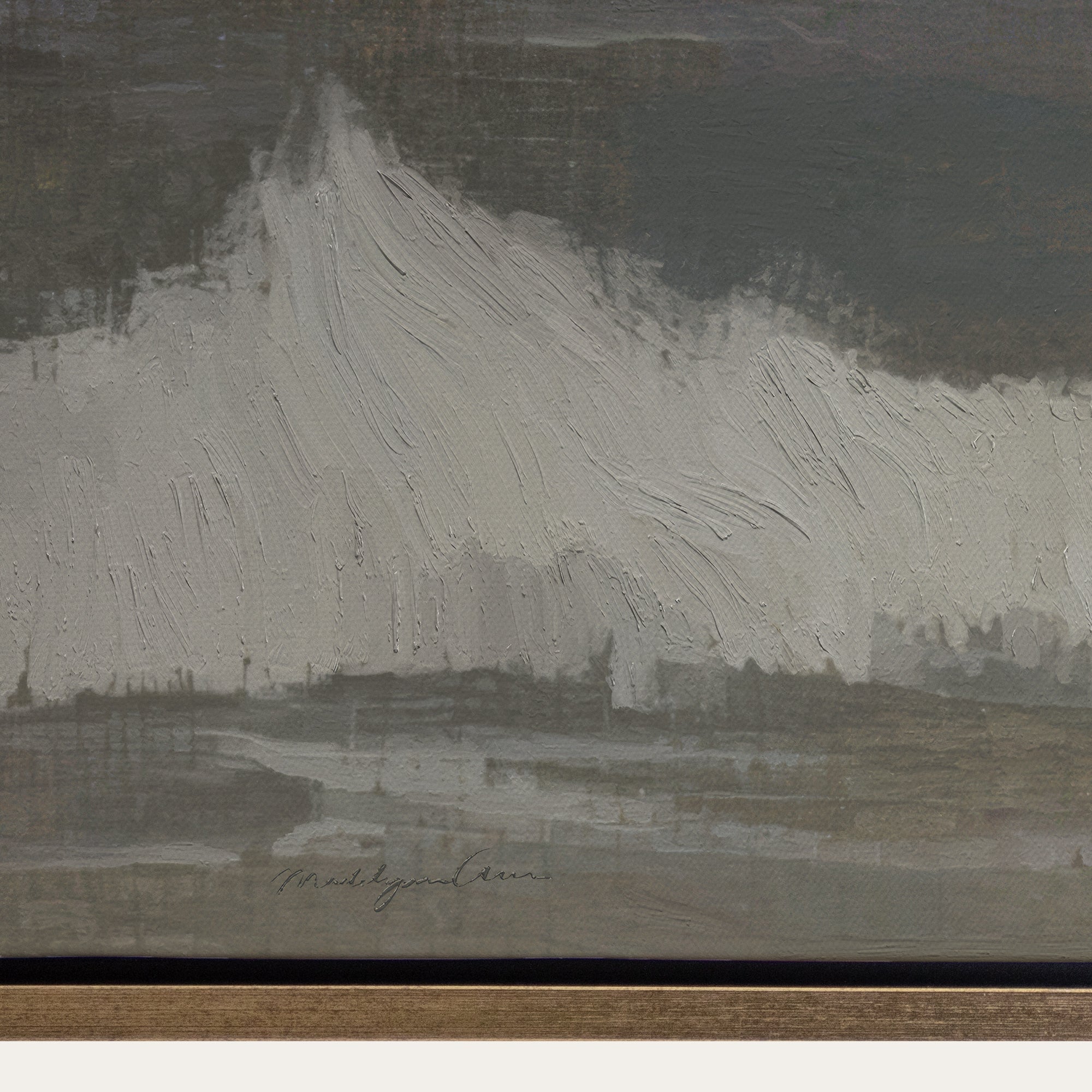 Artistic depiction of a mountain landscape with brush strokes on a dark background 