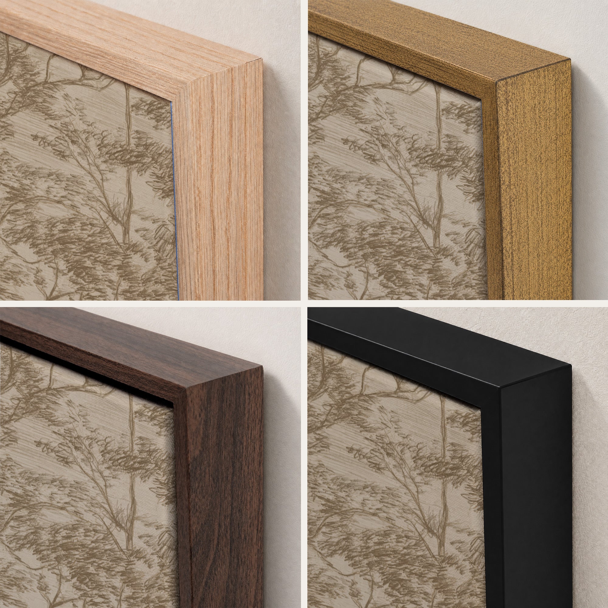 Four close-up views of framed wall art showing different wood frame finishes: light natural wood, medium warm wood, dark brown wood, and matte black. The artwork behind the frames has a beige toile-style botanical pattern.