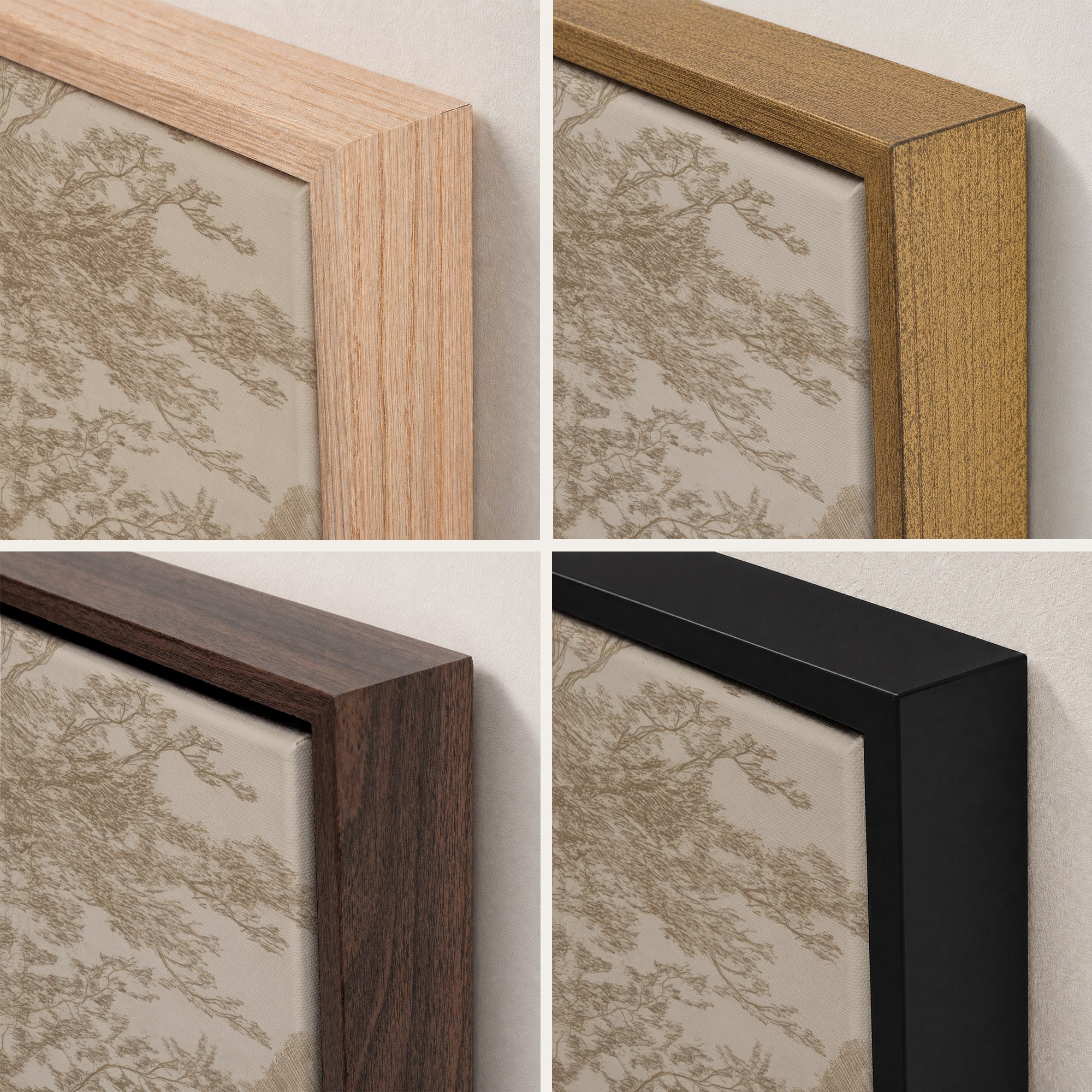Four square close-up views of framed wall art showing different wood and black frame finishes against a light beige patterned paper background.