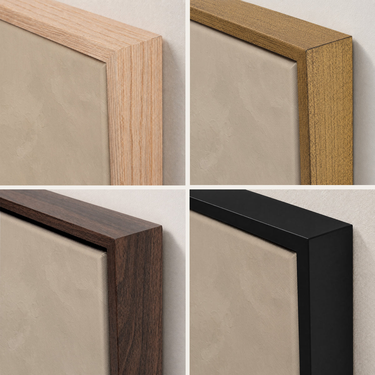 Four close-up views of a square framed art print or canvas, showing different wood frame finishes: light natural wood, medium brown wood, dark walnut wood, and matte black. The background is a textured light beige wall.