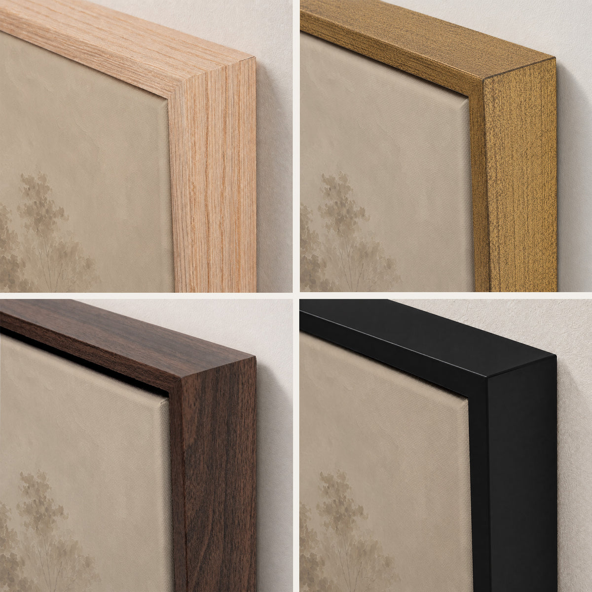 Four-panel close-up showing the corner edges of picture frames in light natural wood, medium brown wood, dark brown wood, and matte black, each paired with a beige artwork insert against a light wall.