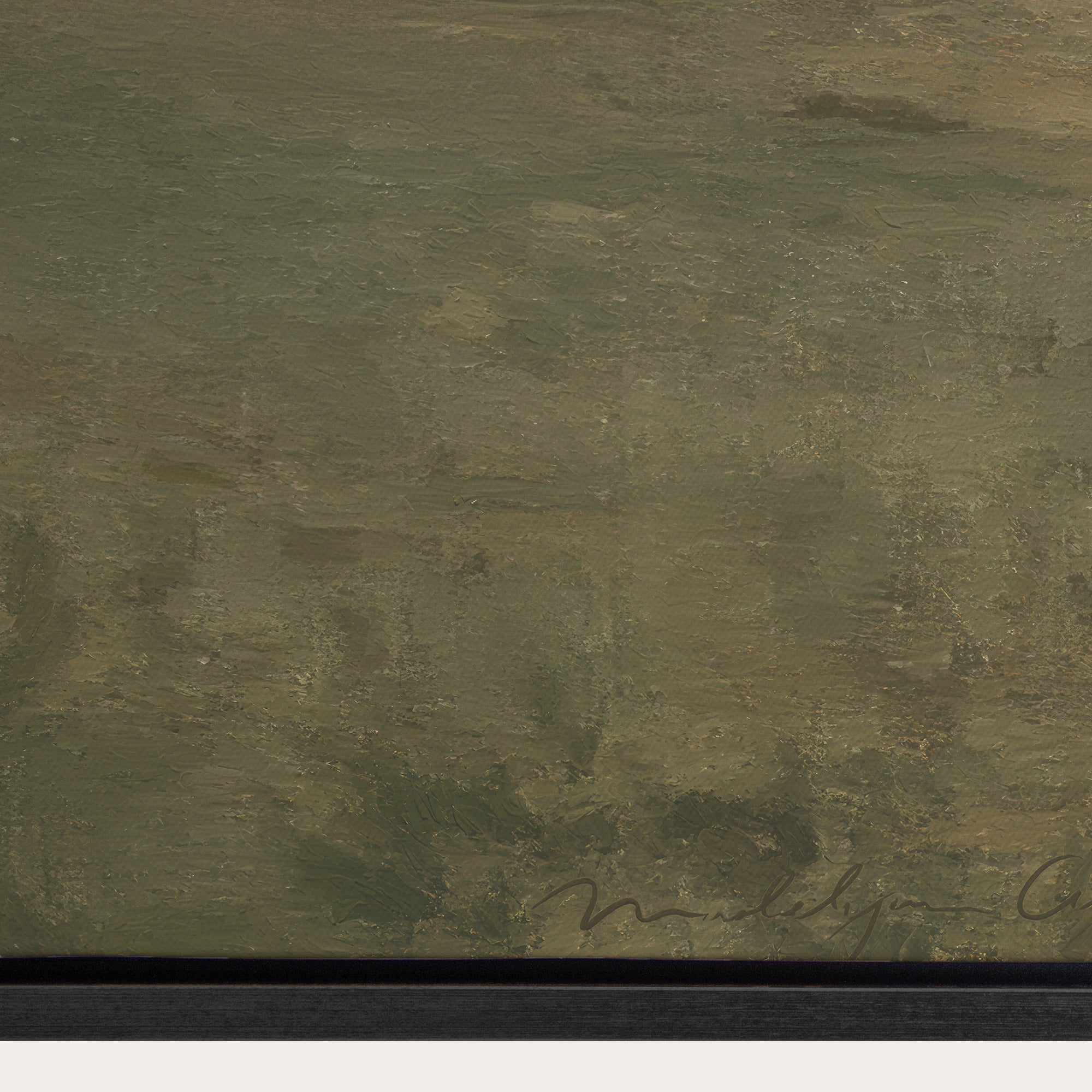 Textured green painting with a signature at the bottom right corner 