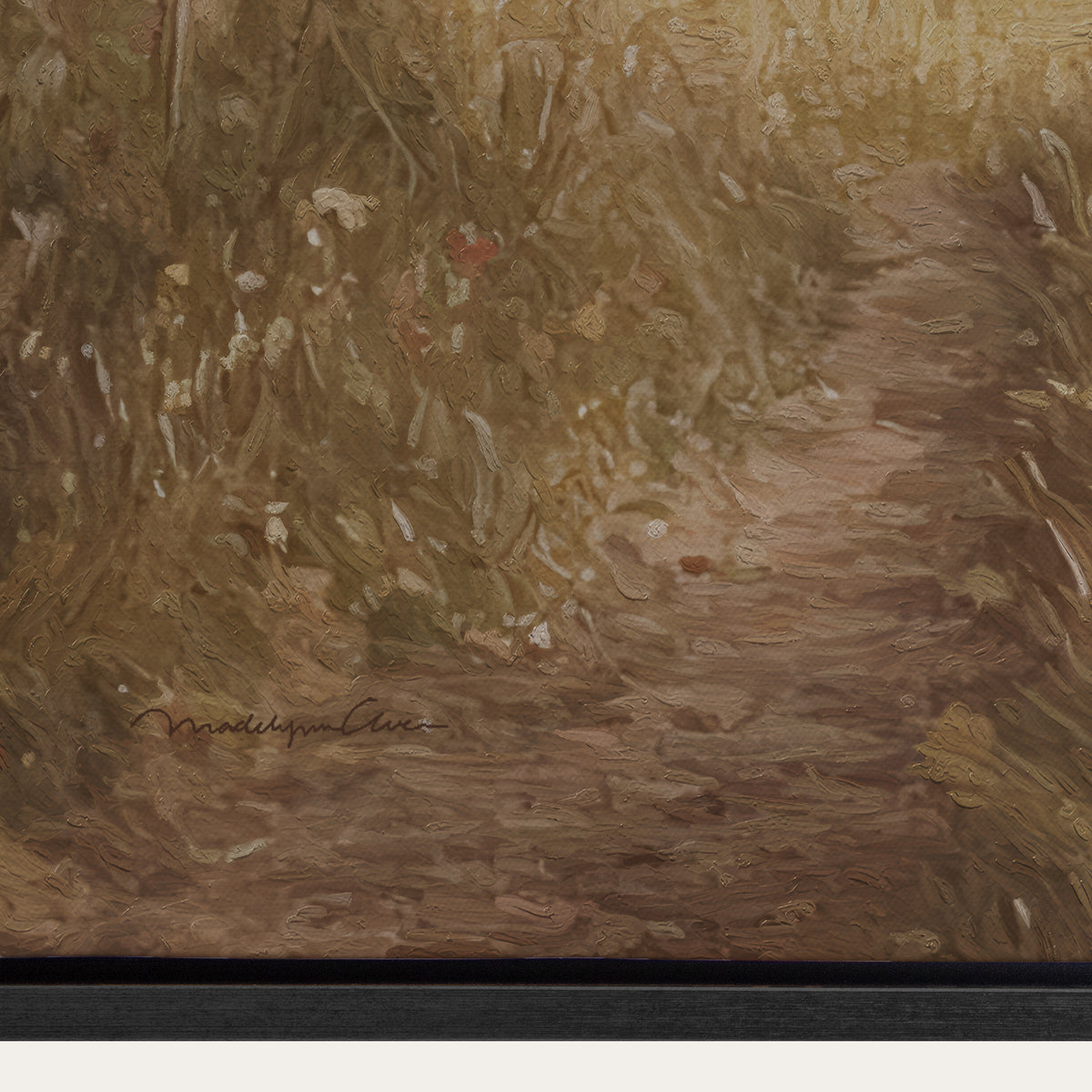 Artistic depiction of a path through grass with a signature at the bottom left corner. 