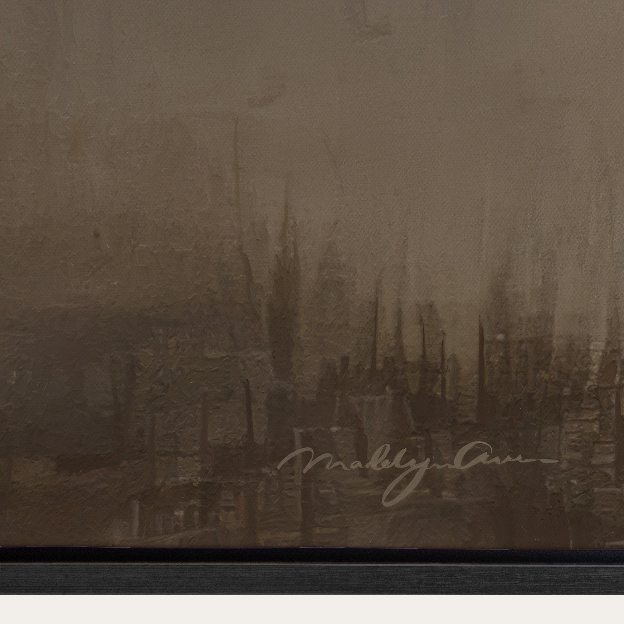 Vintage-style sepia-toned image of a cityscape with a signature at the bottom right corner. 