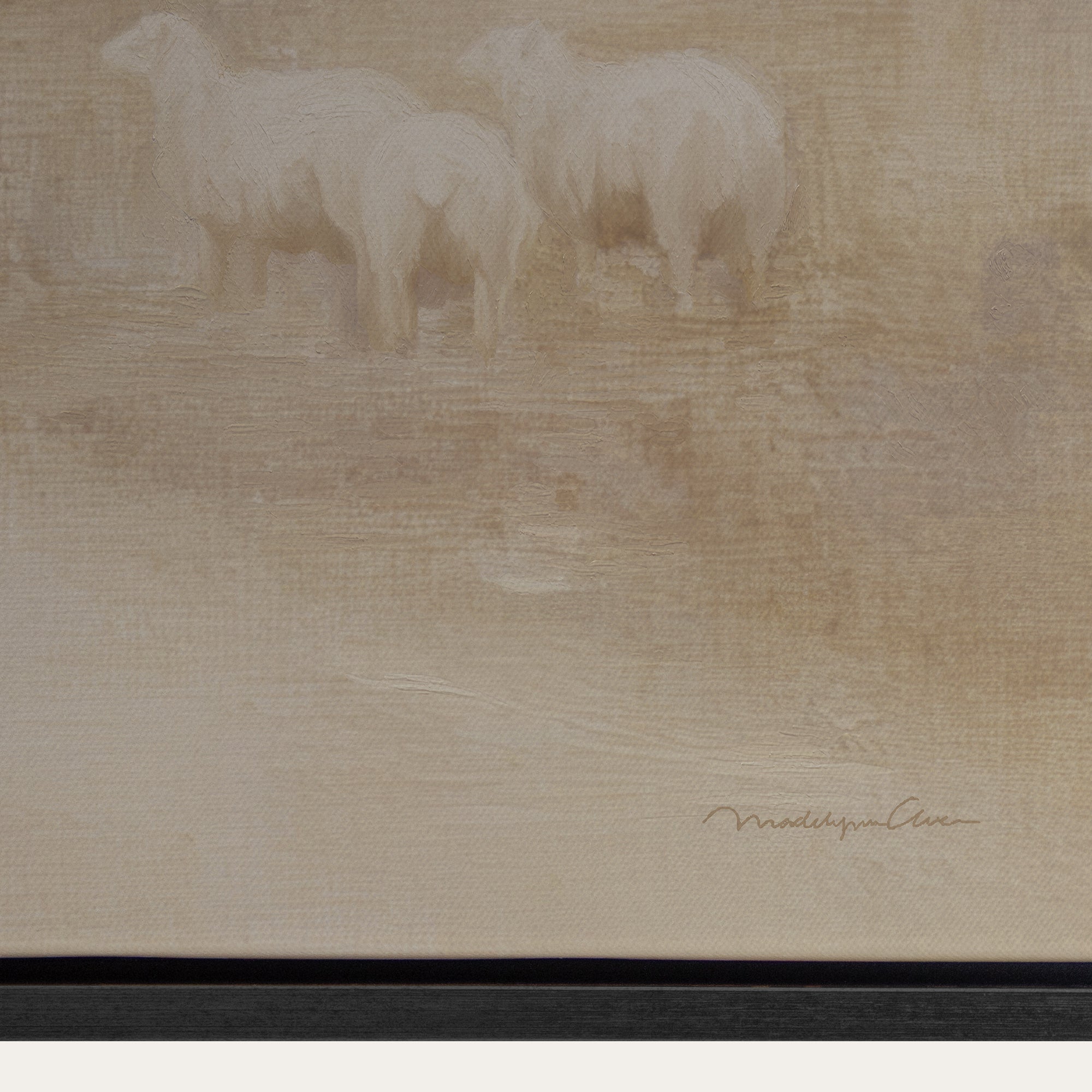 Artistic depiction of two sheep on a textured beige background with a signature at the bottom right corner. 