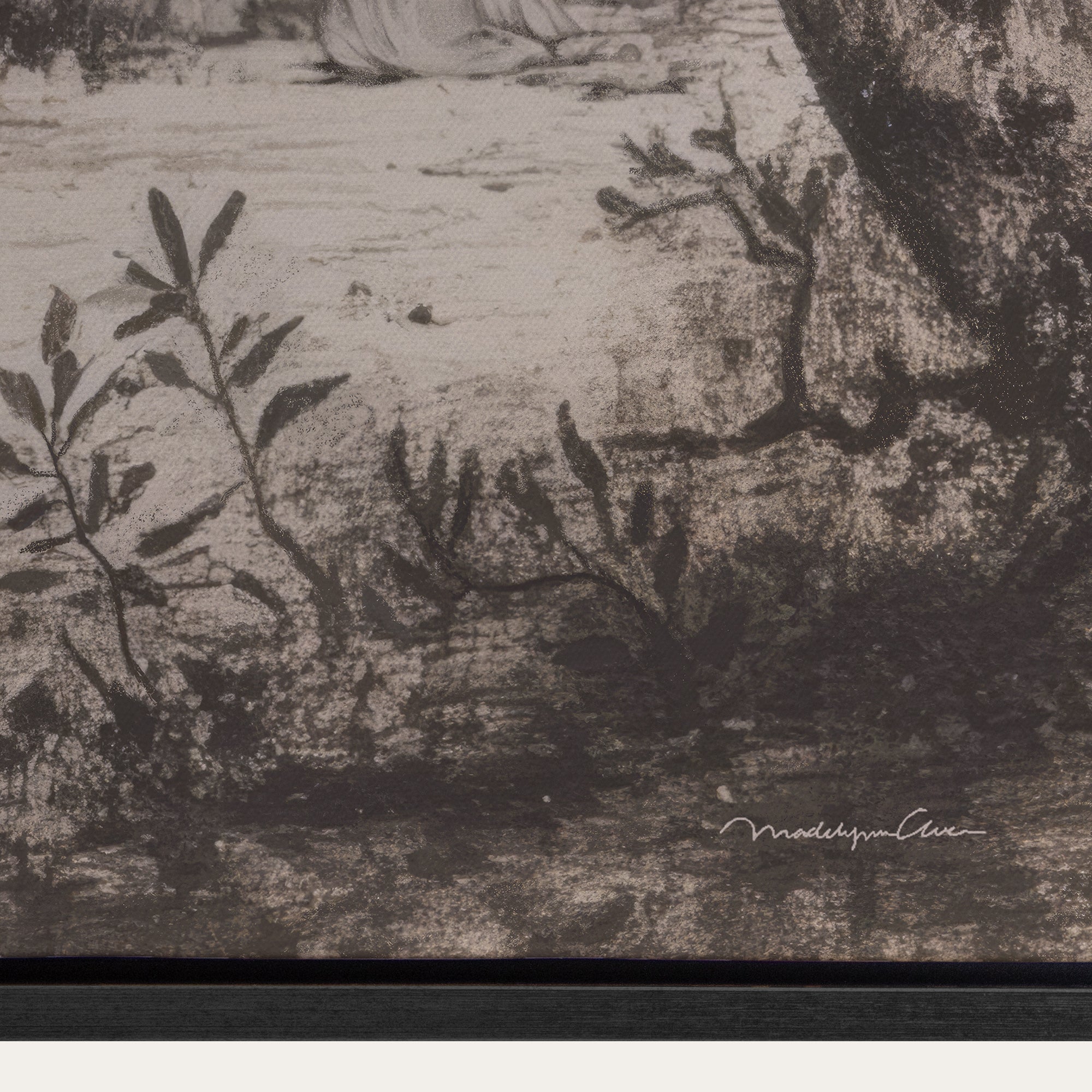 Black and white etching of a landscape with trees and a field, signed 'Maudlyn Clive'. 