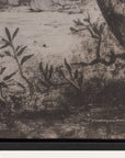 black and white etching of a landscape with trees and a field, signed 'maudlyn clive'. 