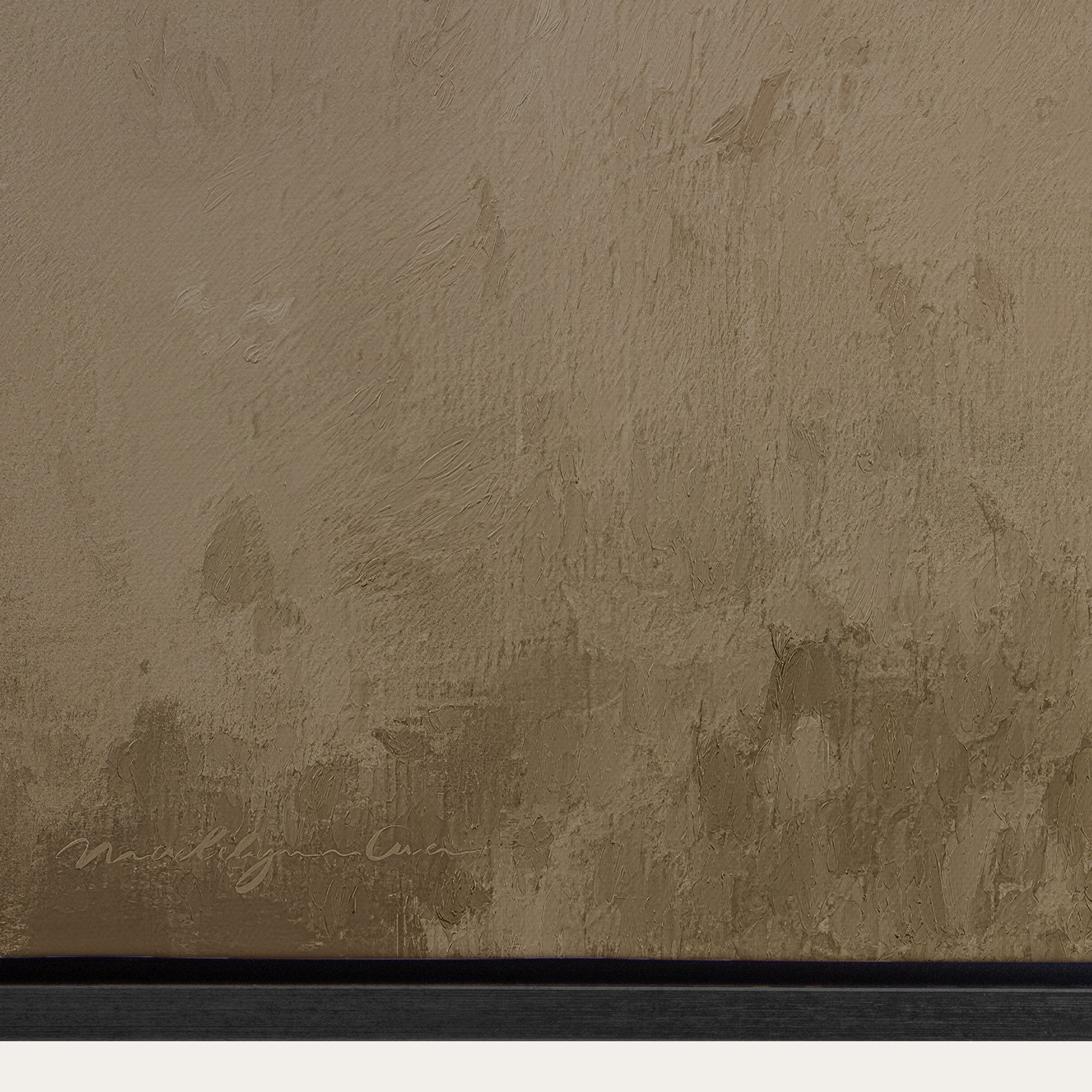 Textured brown wall with a signature at the bottom right corner 