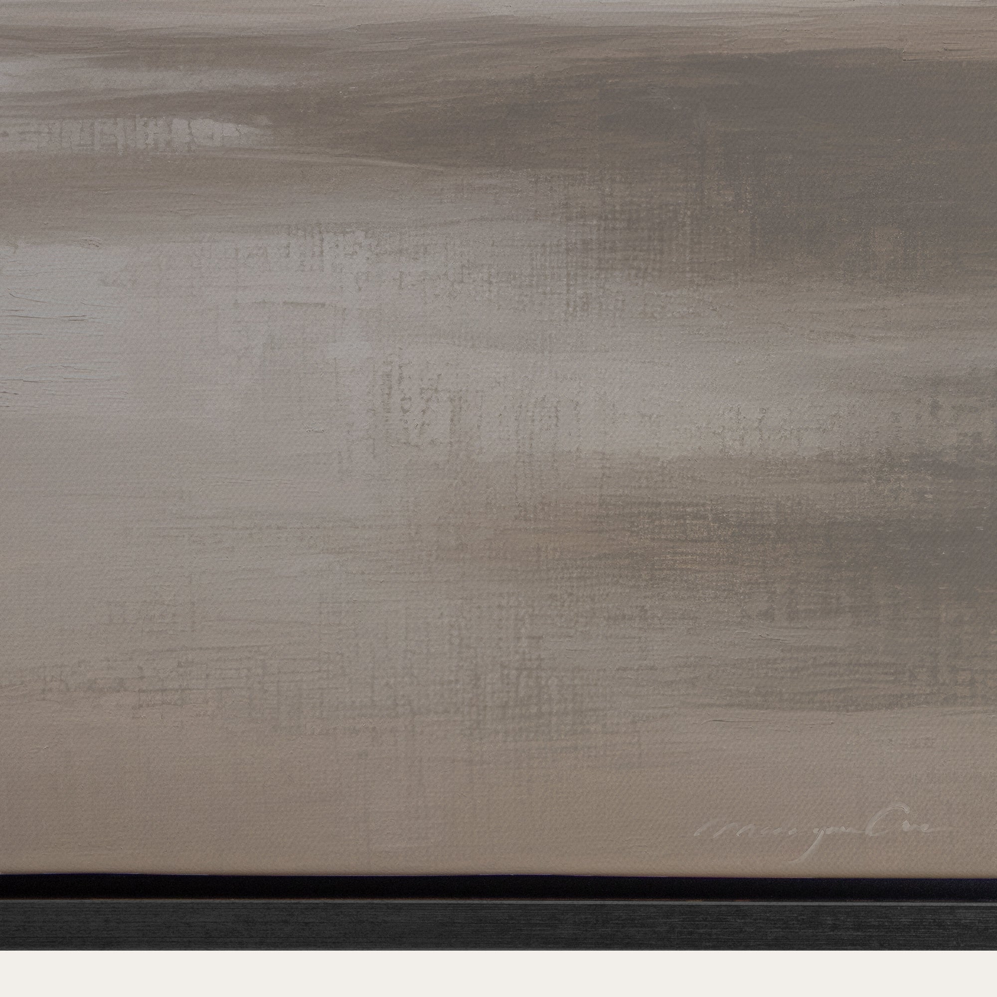Abstract painting with horizontal brush strokes in brown and beige tones. 