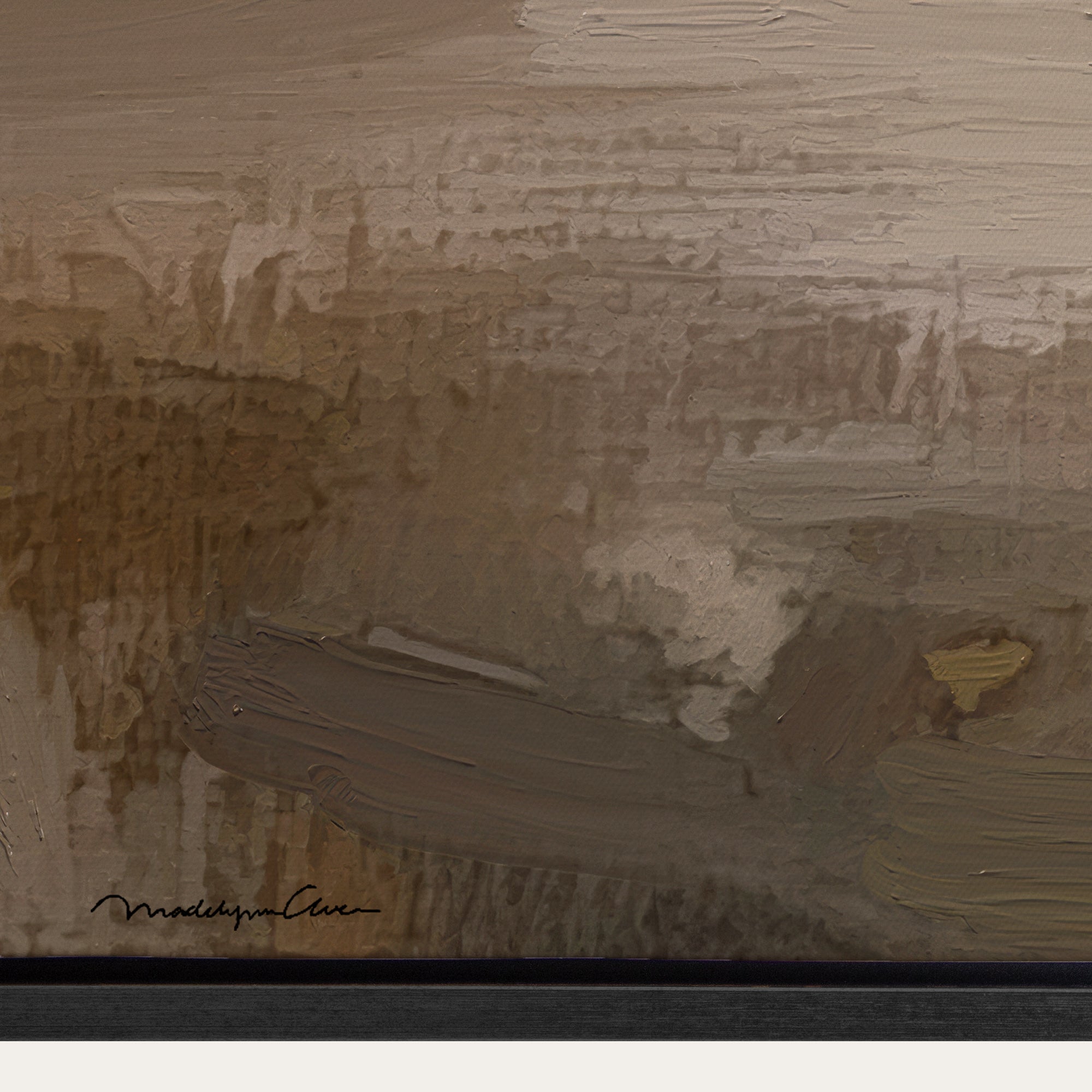 Abstract painting with textured brushstrokes in brown and beige tones. 