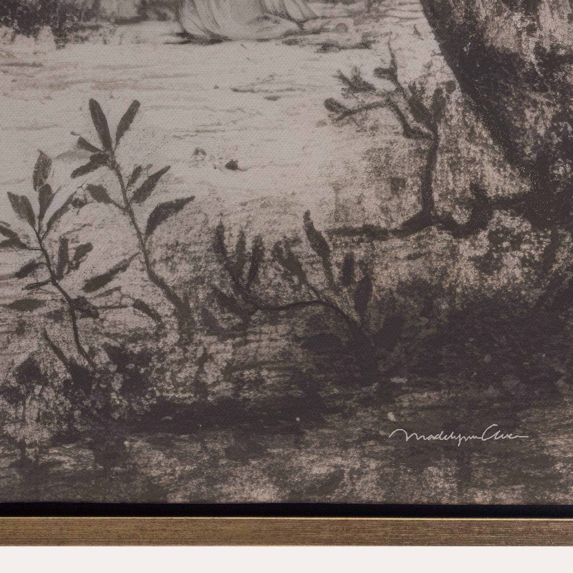Artistic depiction of a deer in a natural setting with a signature at the bottom right corner. 