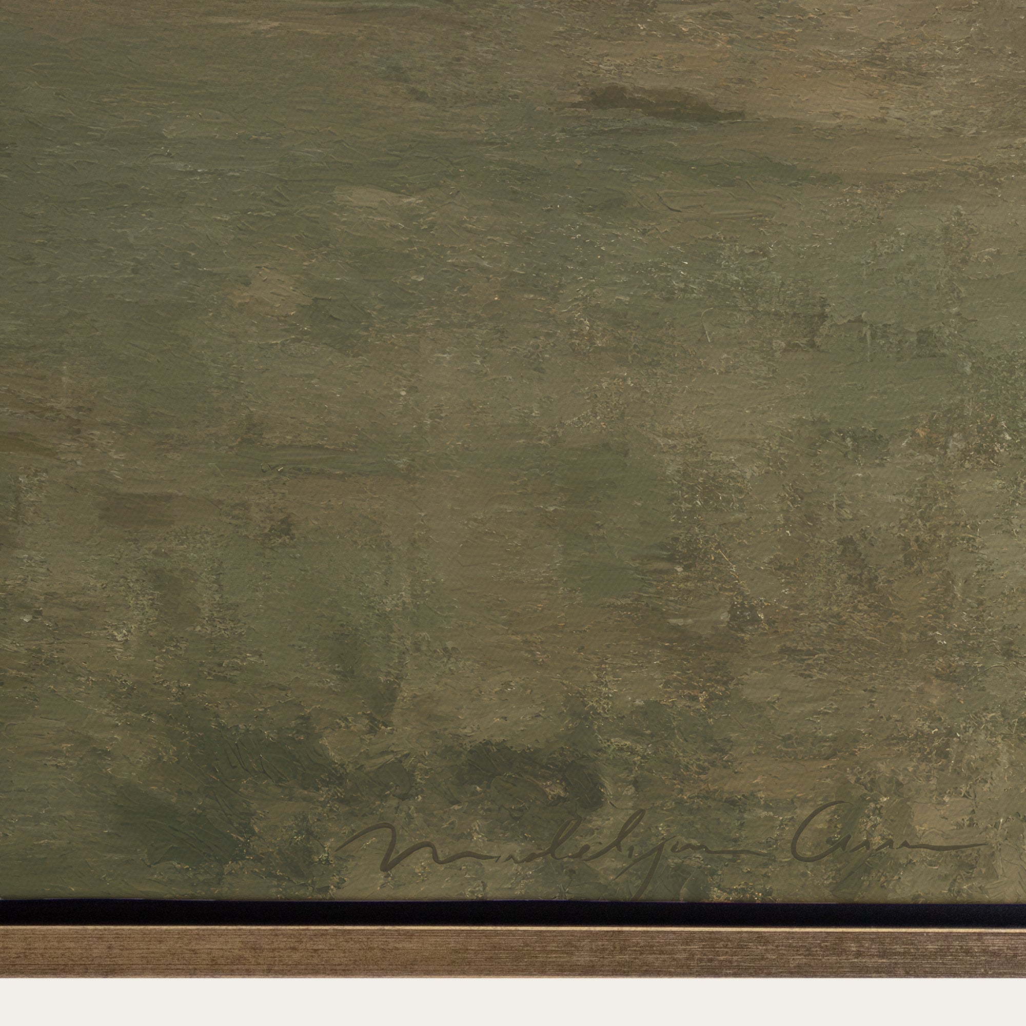 Abstract painting with brown and green hues on a textured surface. 