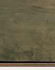 abstract painting with brown and green hues on a textured surface. 