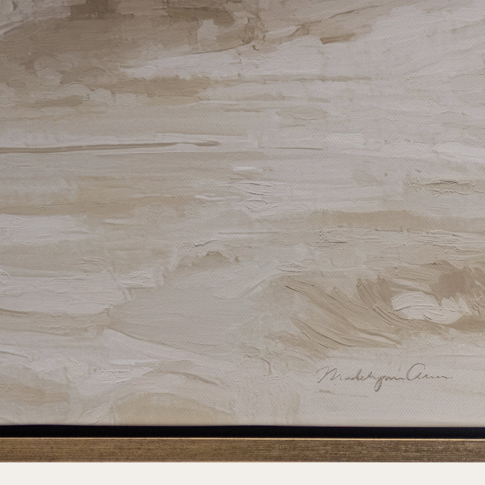 Abstract painting with beige and brown brush strokes on a textured surface. 