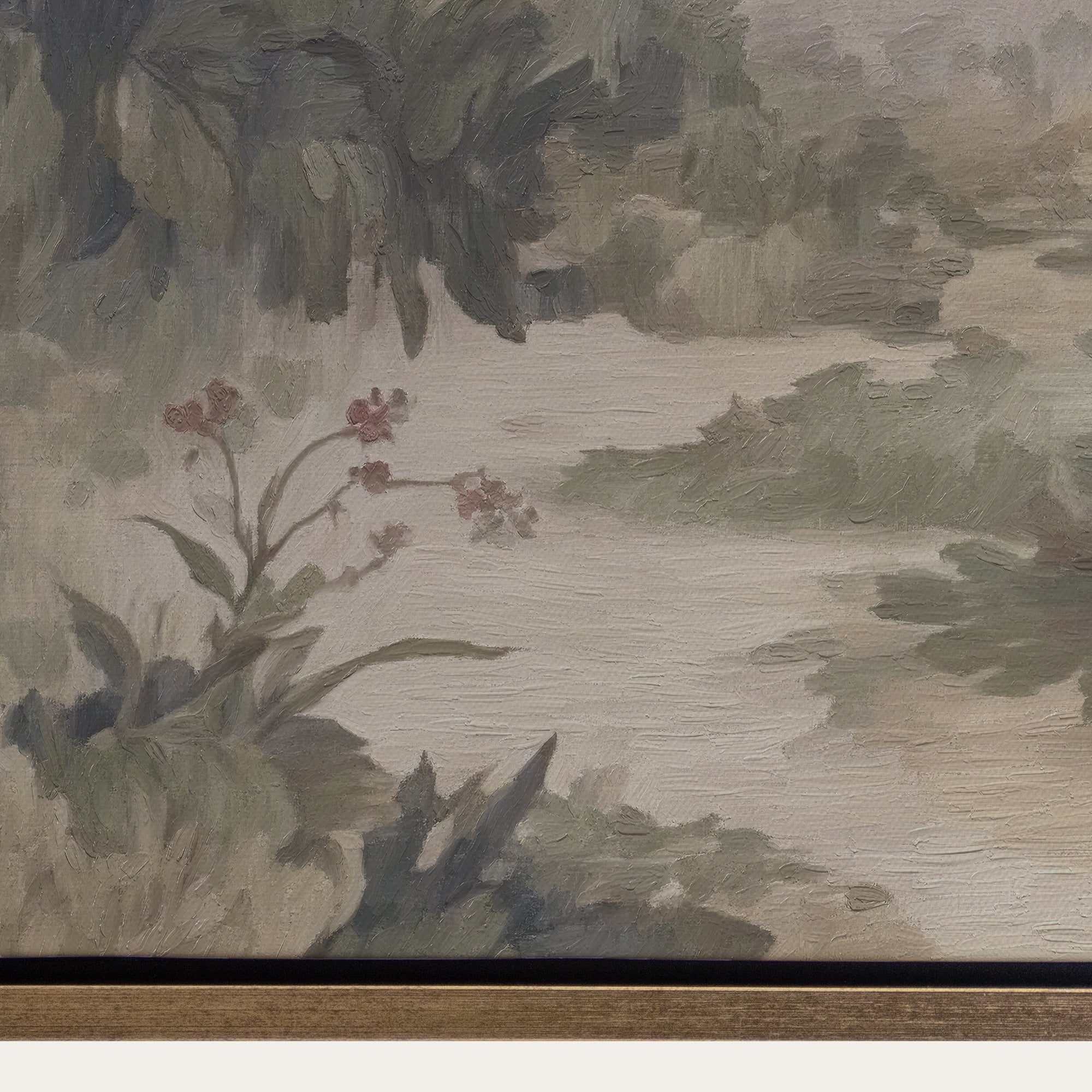 Artistic depiction of a river with trees and flowers in the foreground 