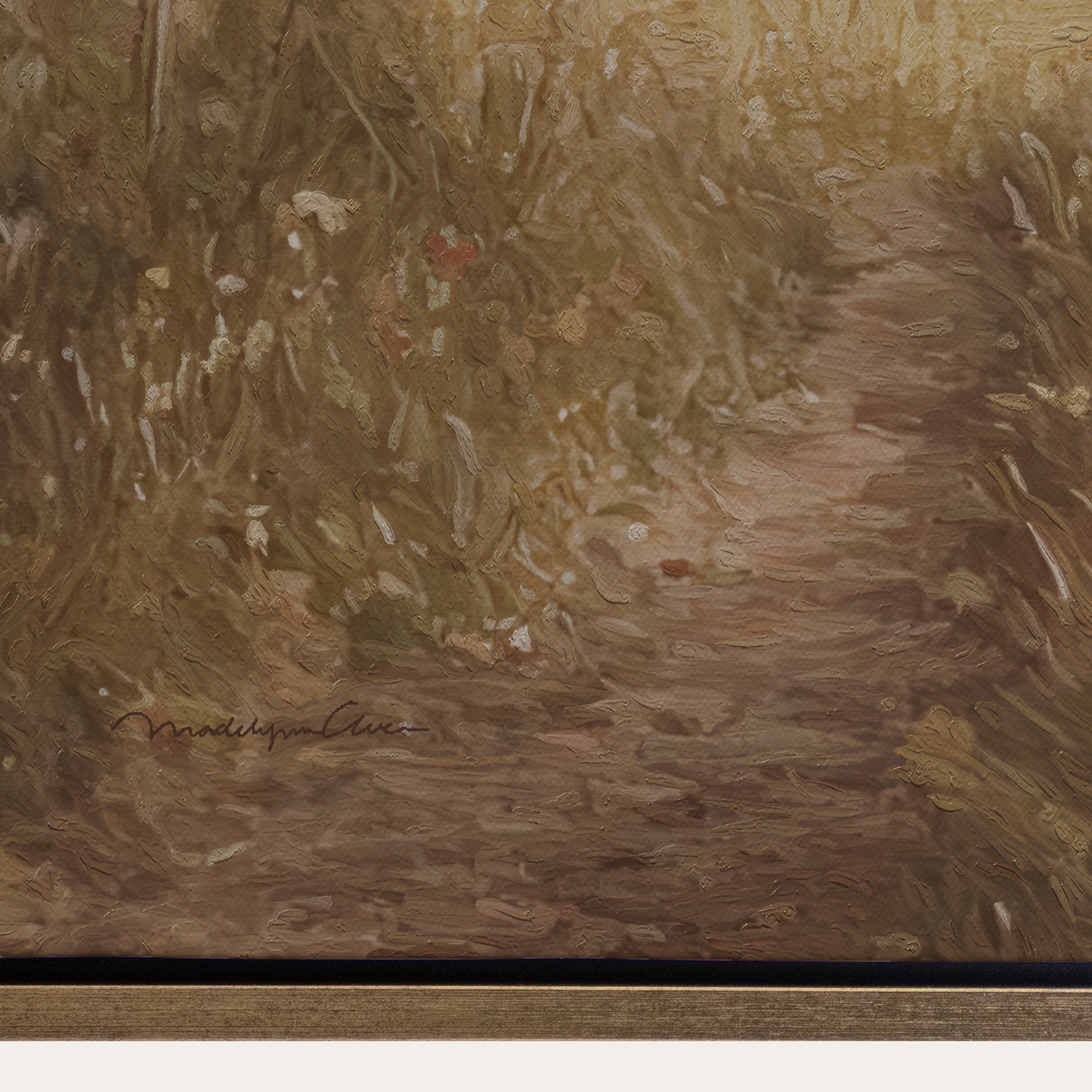 Artistic depiction of a natural scene with grass and flowers, signed by the artist. 