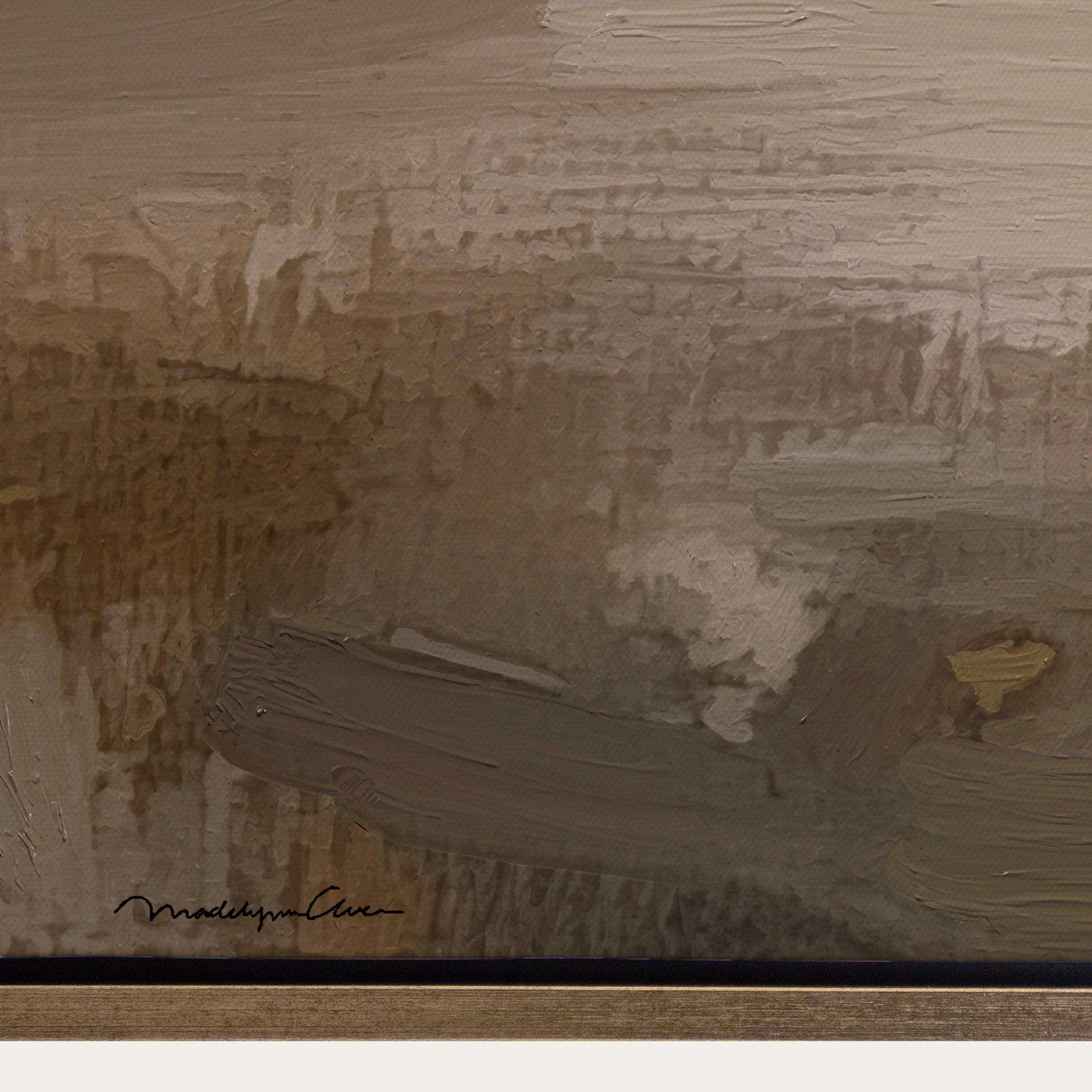 Abstract painting with textured brushstrokes in brown and beige tones. 