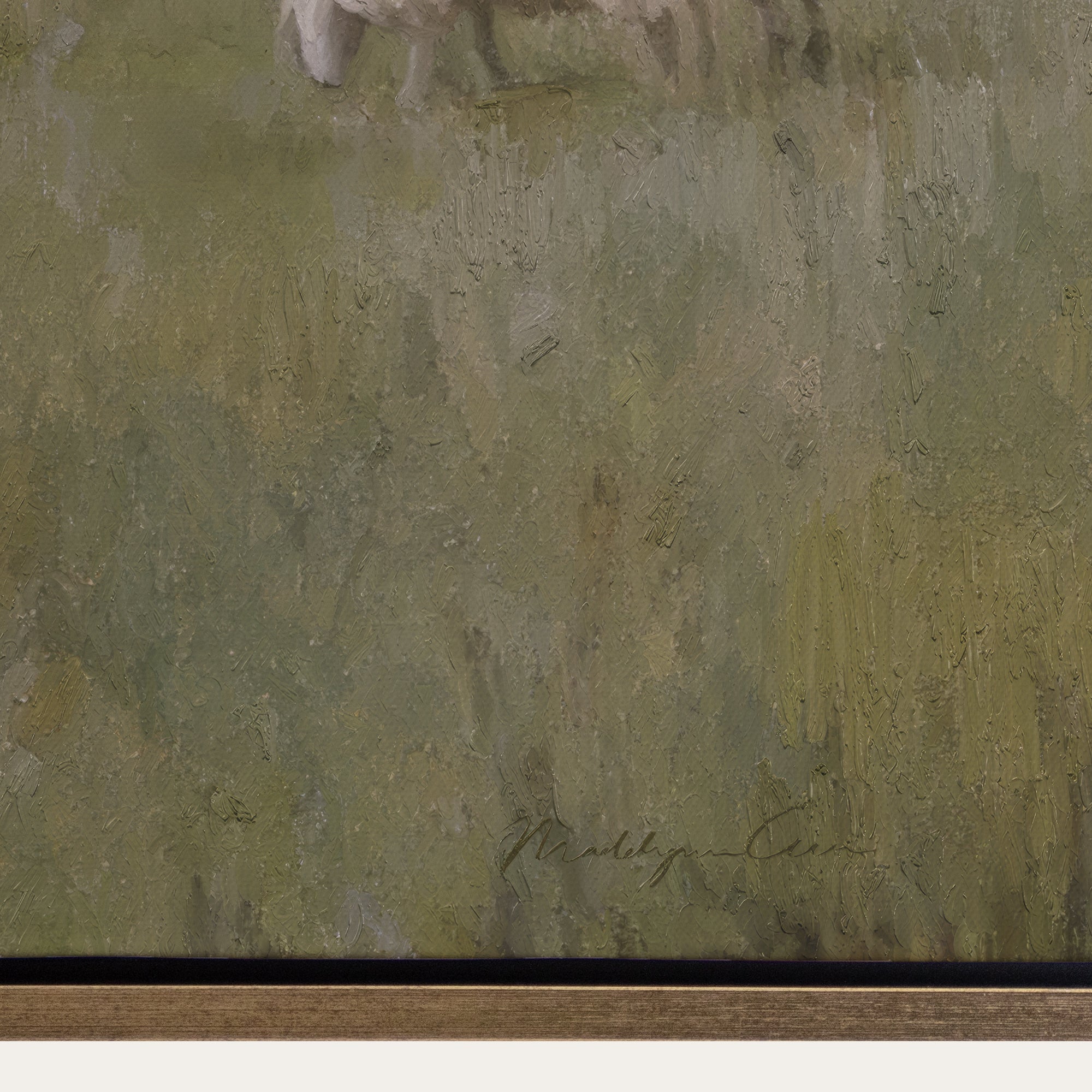 Abstract painting with green and brown tones on a textured surface 