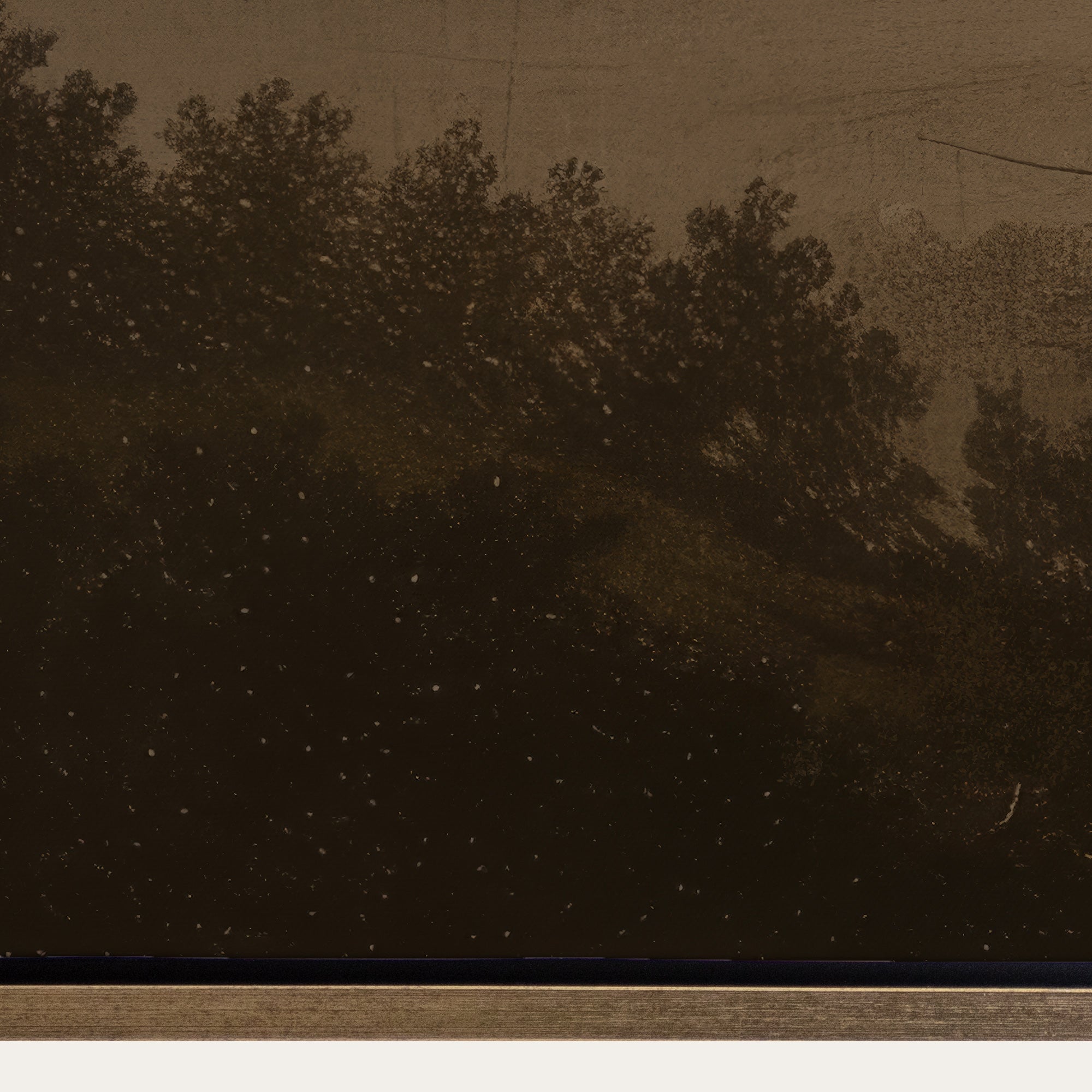 Sepia-toned landscape with trees and a mountain range 