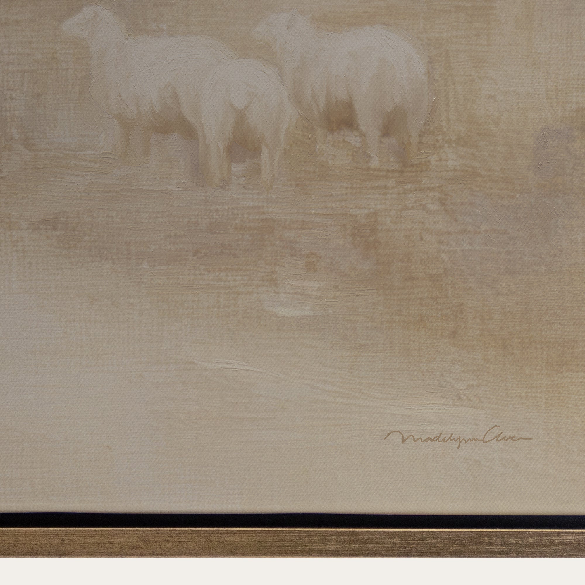 Two sheep standing in a field with a textured brown background 