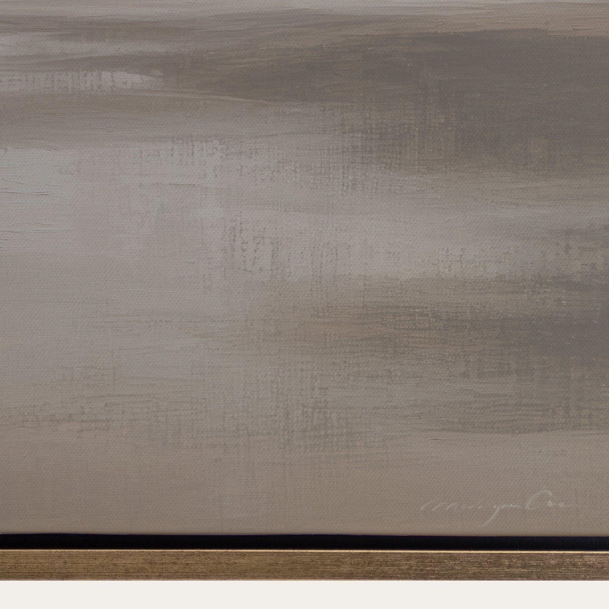 Abstract painting with brown and beige brush strokes on a textured surface. 