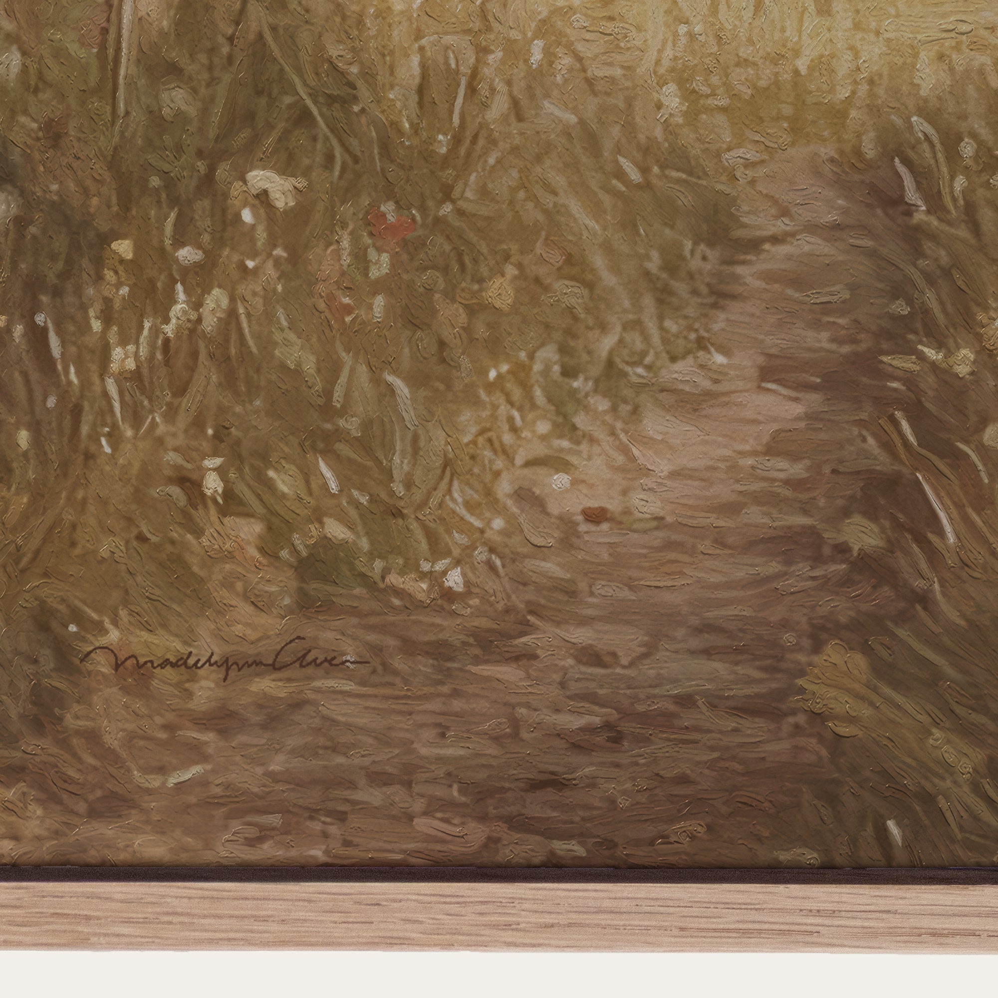 Artistic depiction of a natural scene with earthy tones, featuring a signature at the bottom left corner. 